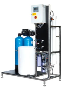 Compact plant with a softening plant for pre-treatment and a reverse osmosis plant for desalination of drinking water.